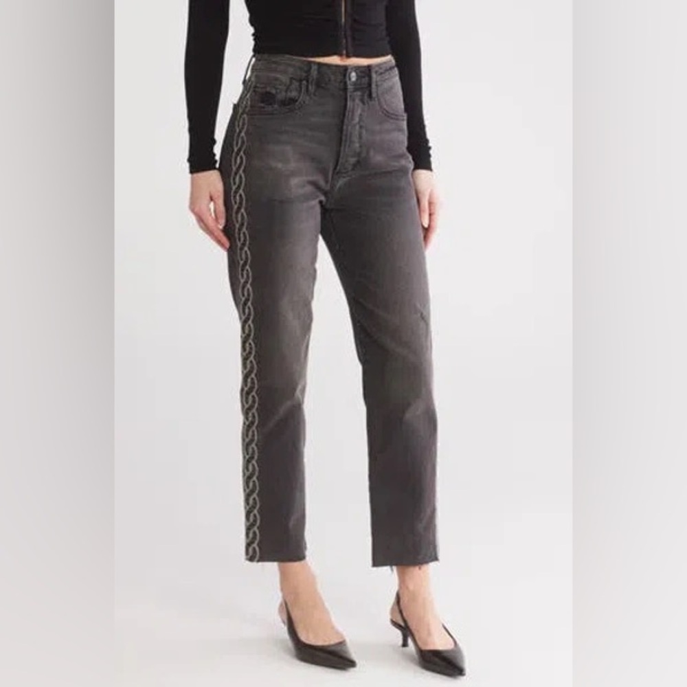 Driftwood ‘Royce’ Gray Distressed Embroidery Side Raw Hem Jeans, Sz 28x27, NWT